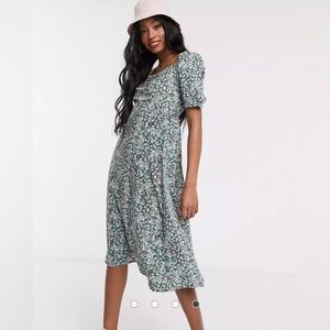 ASOS Floral midi dress with ruched detail puff sleeves